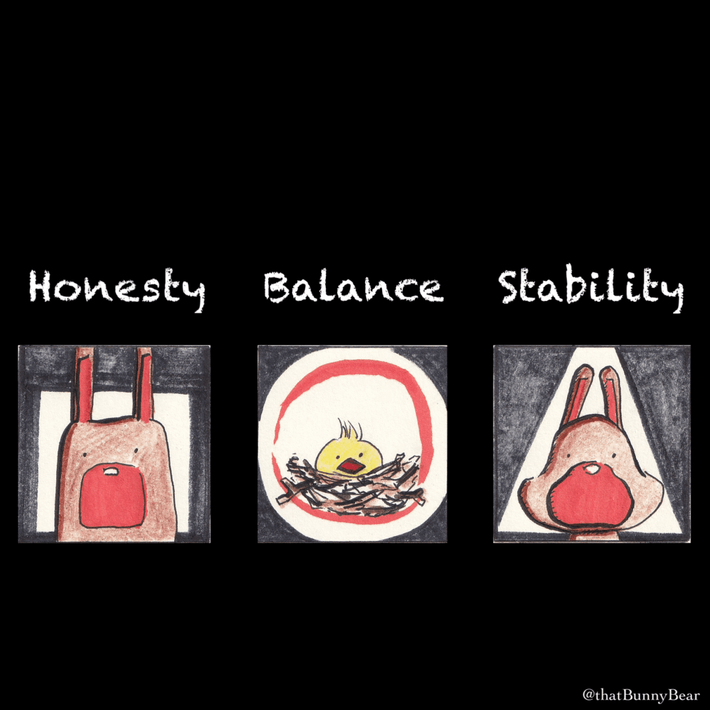 Bunny Bears: Kevin in a square representing honesty, Charlie in a triangle representing stability, and Nobi in a circle representing balance.