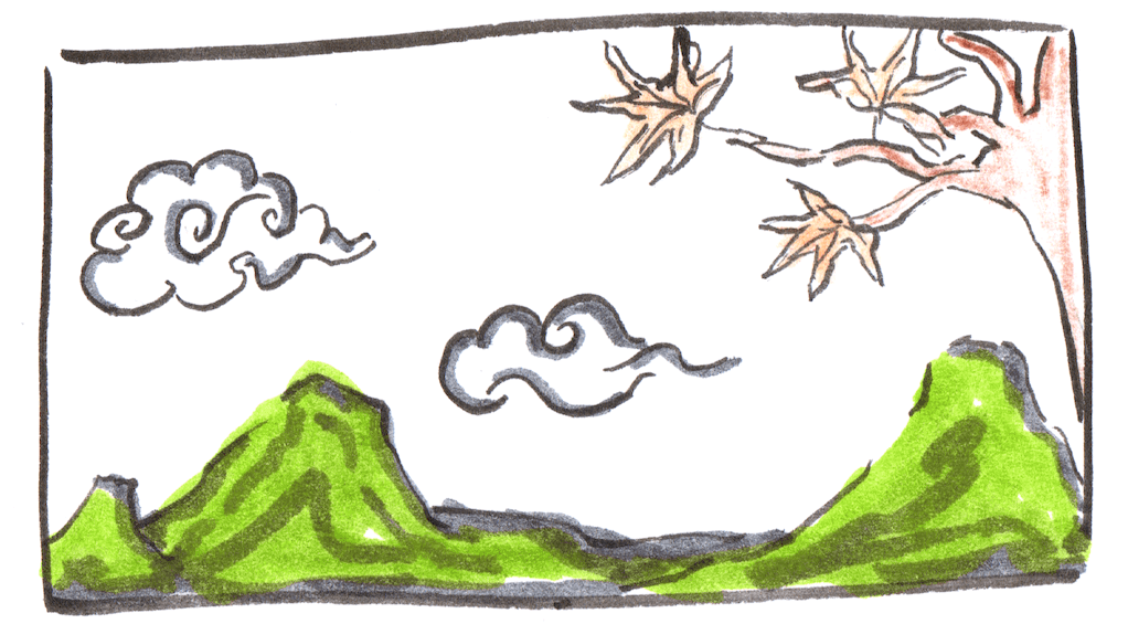 clouds mountains and maple tree cartoon panel