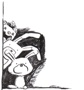 bunny bears hiding behind a wall because no one sees them yet