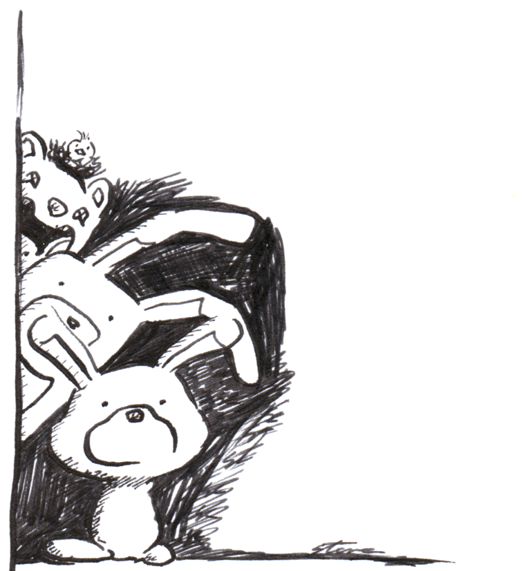 bunny bears hiding behind a wall