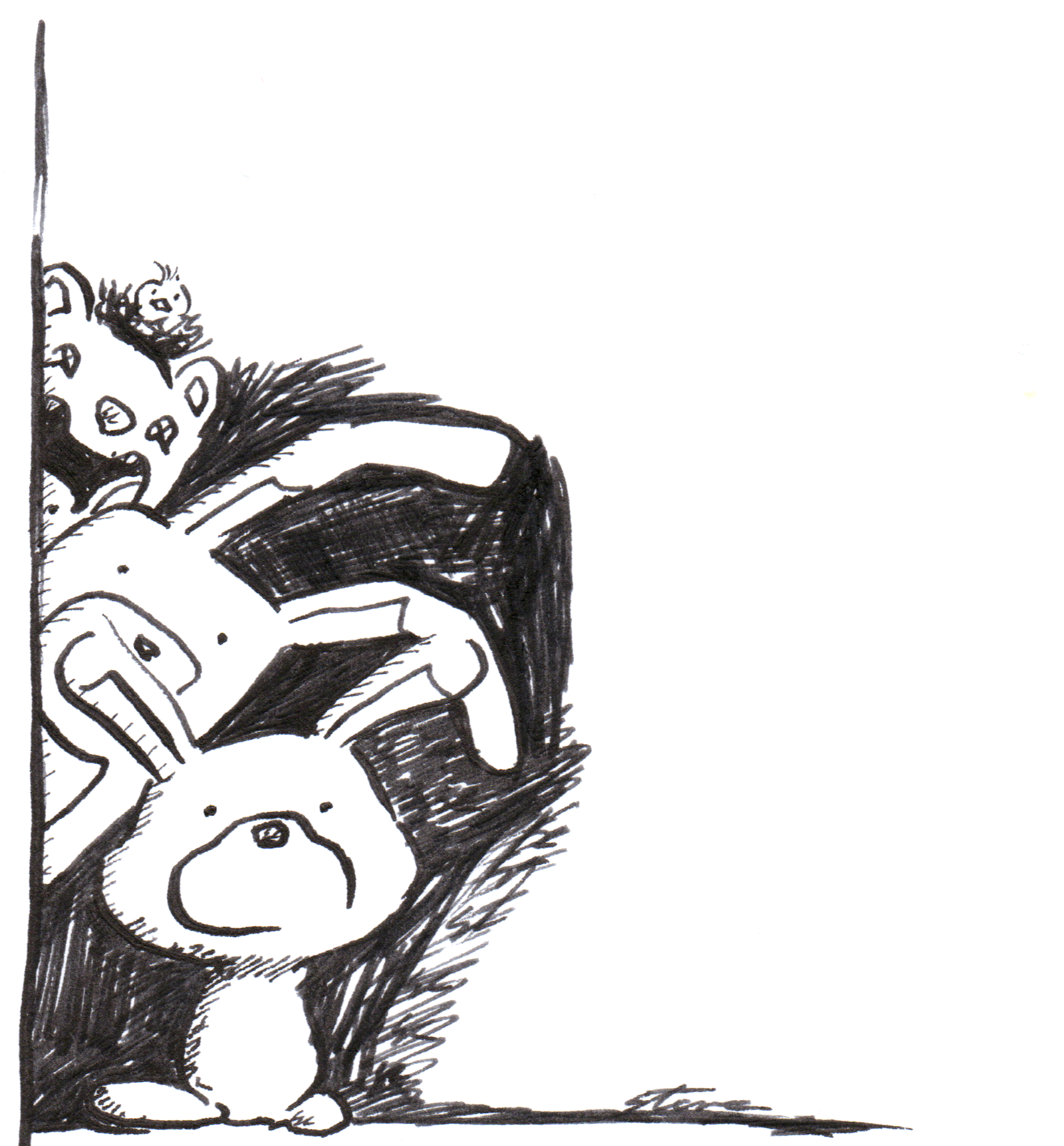 bunny bears hiding behind a wall because no one sees them yet