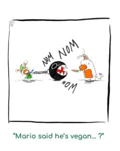 charlie in zelda link cosplay holding chomp chain, trying to feed him a carrot