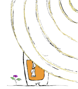 kevin in an orange robe playing the shakuhachi, sound rippling out in wide arcs above a small purple flower