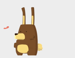 kevin the bunny bear standing still while a small red butterfly drifts past his nose