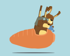 charlie in flight goggles riding a giant carrot like a boat, watering can in paw