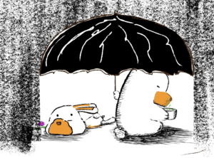 kevin and charlie sheltering under a big black umbrella in heavy rain, charlie holding a carrot and a cup