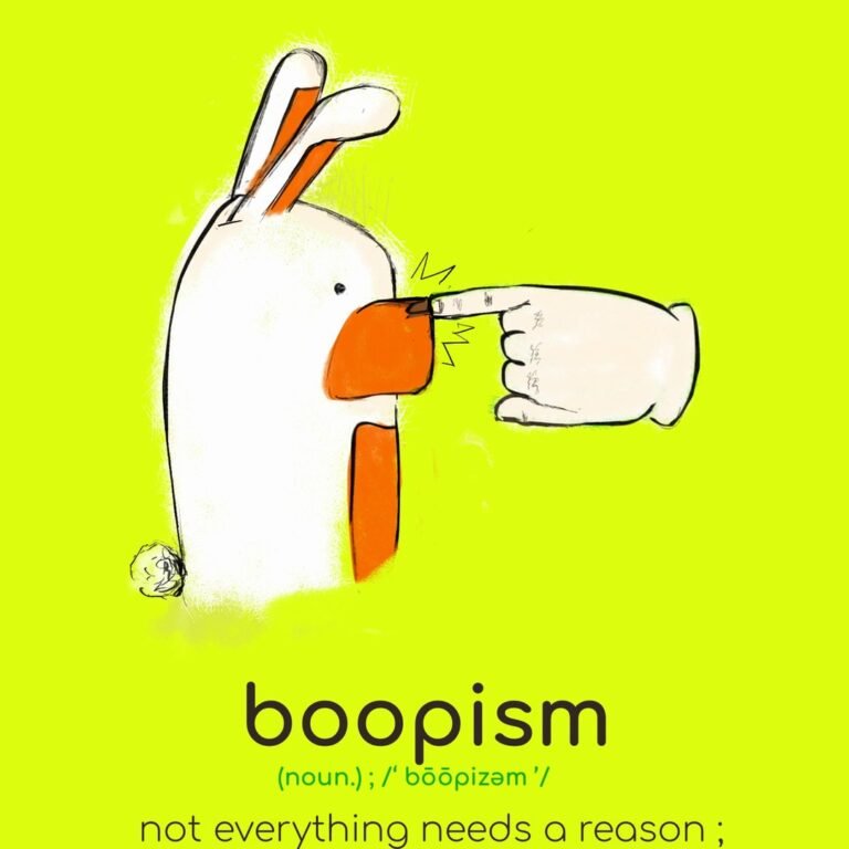 Hand-drawn white bunny bear with an orange snout gets booped on the nose by a giant finger on a bright chartreuse background, above the word boopism (noun): not everything needs a reason.