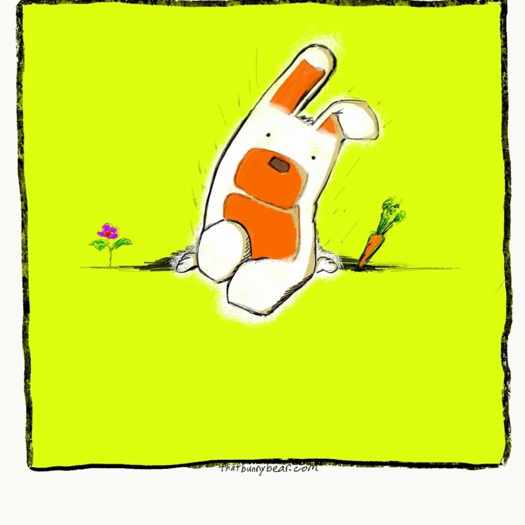 Kev the white bunny bear with orange ears sits on a curb inside a chartreuse comic panel, a carrot and a small purple flower beside him.