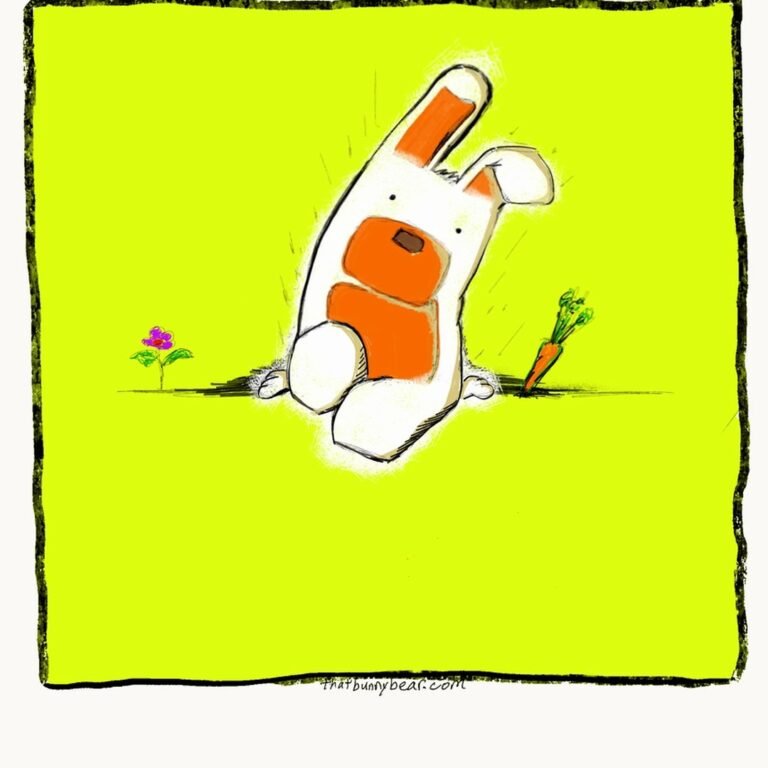 Kev the white bunny bear with orange ears sits on a curb inside a chartreuse comic panel, a carrot and a small purple flower beside him.
