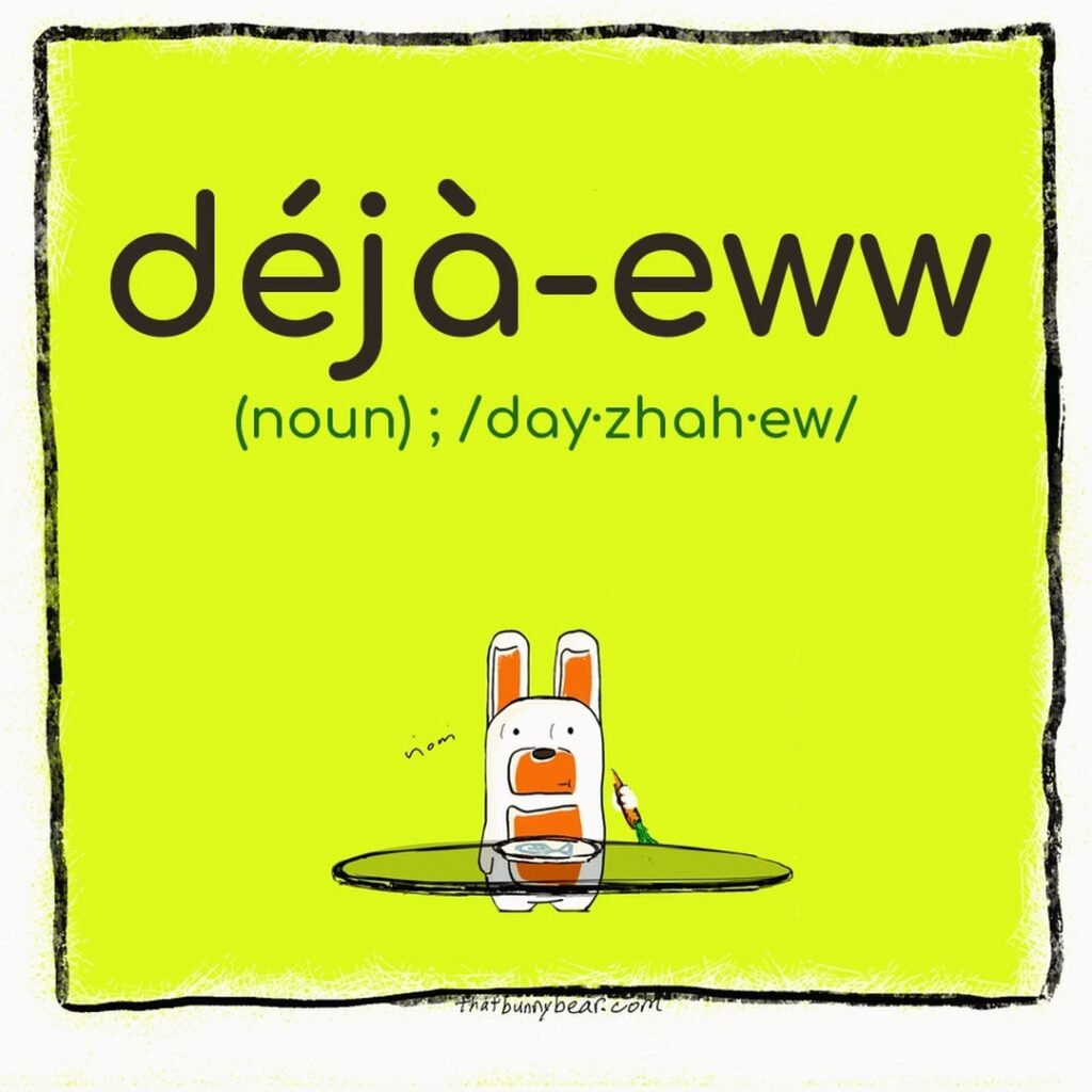 Kev the white bunny bear eats at a small table inside a chartreuse comic panel under the word déjà-eww (noun), pronounced day-zhah-ew.