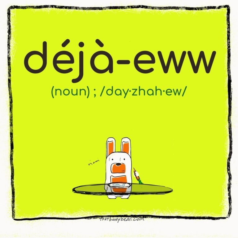 Kev the white bunny bear eats at a small table inside a chartreuse comic panel under the word déjà-eww (noun), pronounced day-zhah-ew.