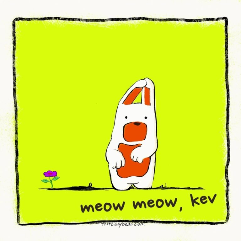 Hand-drawn white bunny bear Kev standing up out of the ground next to his purple flower on a bright chartreuse comic panel, signed meow meow, kev