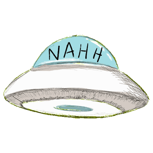 Animated sticker: a flying saucer flies off with the word NAHH in its window.