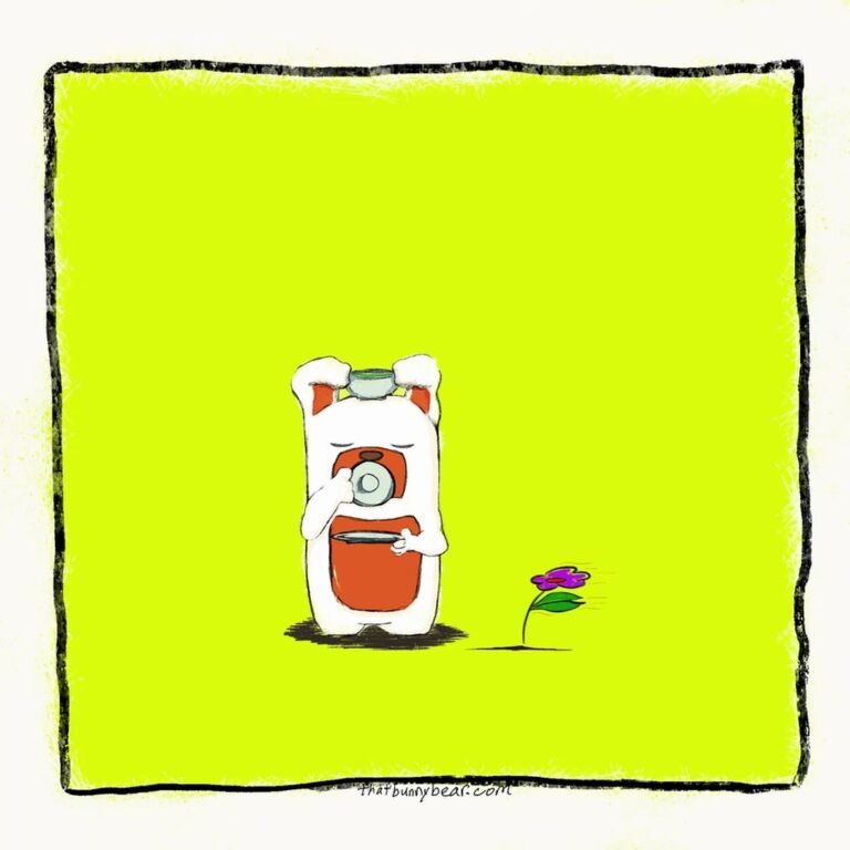 Kev, a hand-drawn white bunny bear, sips tea on a bright chartreuse comic panel while his small purple flower bends in the wind beside him.