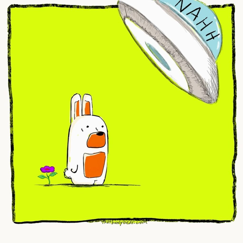 A flying saucer with NAHH written on its window tilts away from Kev the bunny bear, who stands on a chartreuse background next to a purple flower.