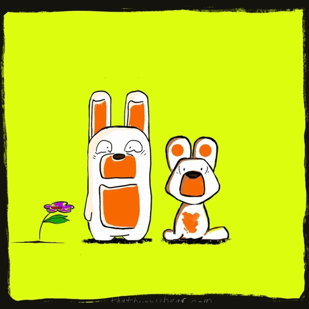 Hand-drawn comic: Kev the bunny bear and Charlie stand side by side on a chartreuse panel, both wide-eyed and surprised, with Kev's purple flower beside them.