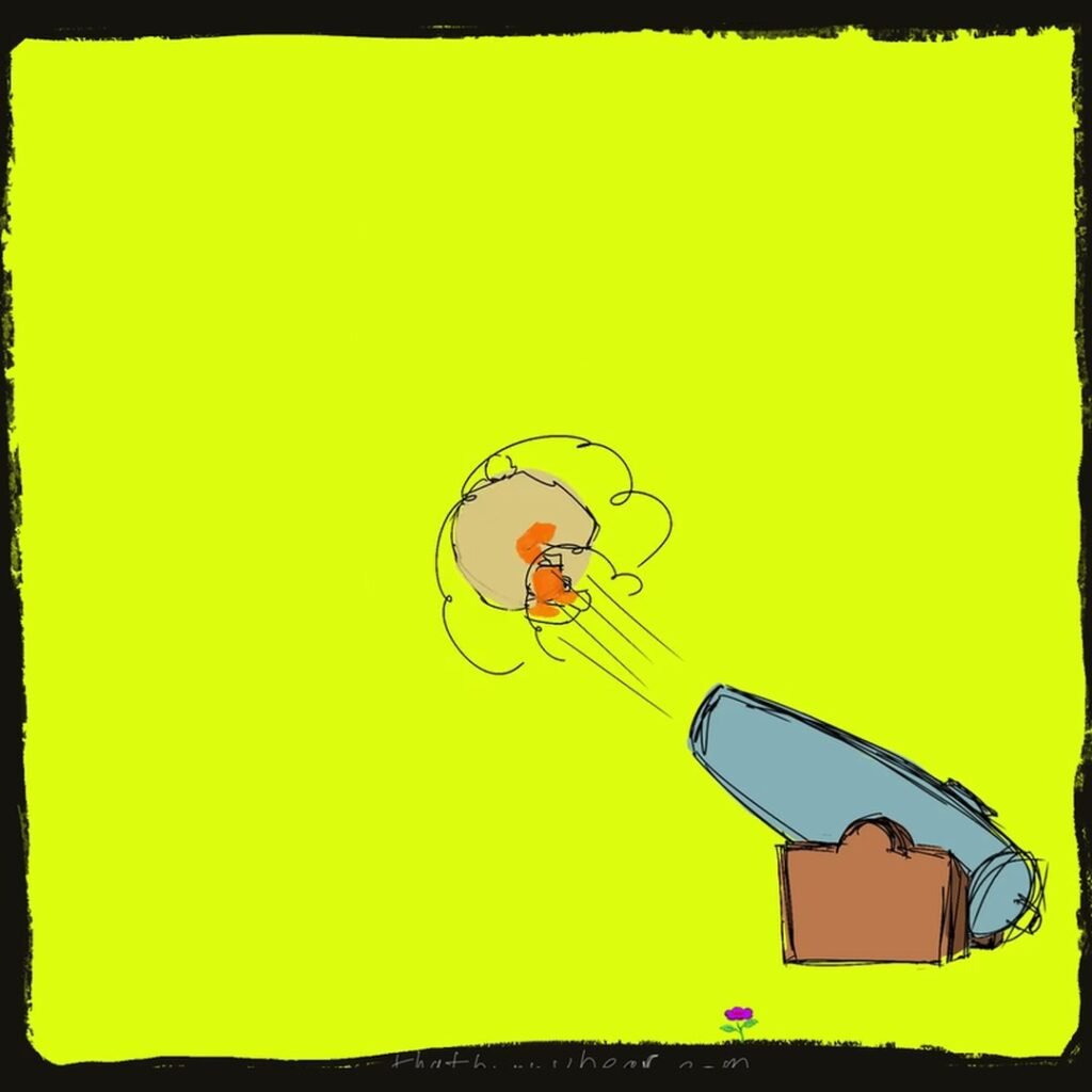 Hand-drawn comic: Kev the bunny bear blasts out of a blue cannon in a puff of smoke on a chartreuse panel, his small purple flower below.