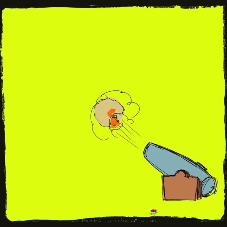 Hand-drawn comic: Kev the bunny bear blasts out of a blue cannon in a puff of smoke on a chartreuse panel, his small purple flower below.