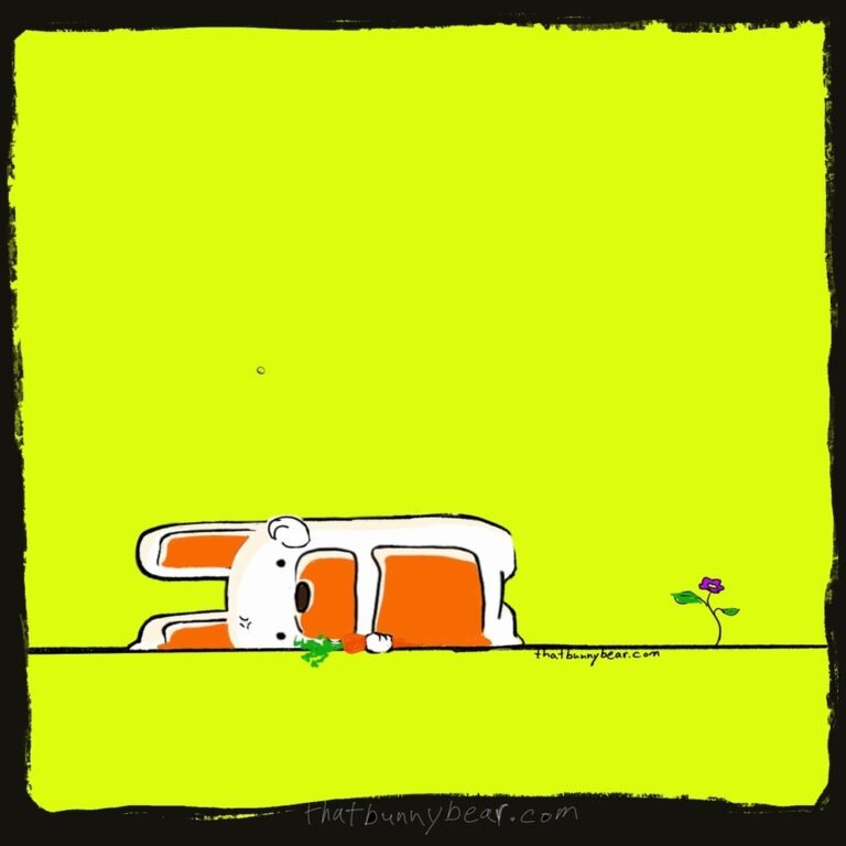 Hand-drawn comic of a white bunny bear lying flat on the ground of a bright chartreuse panel after slapping himself over, while a tiny mosquito keeps flying above him.