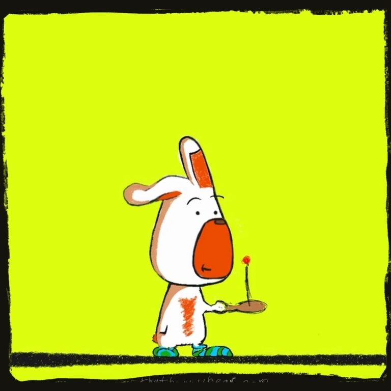 Charlie, a white bunny bear with orange ears and snout, keeps a red ball bouncing on a wooden paddle while looking away, in a chartreuse comic panel