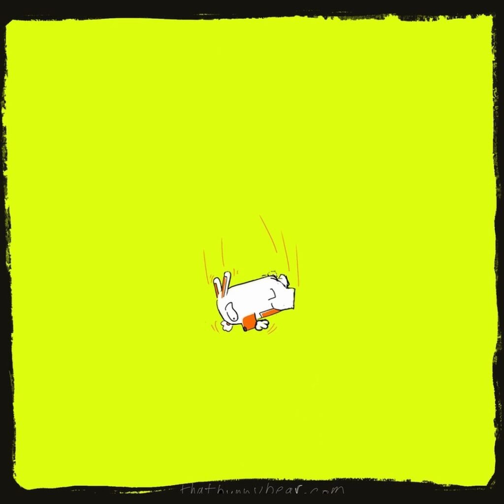 Hand-drawn comic: Kev the bunny bear tumbles through an empty chartreuse sky, mid-fall, with speed lines around him.