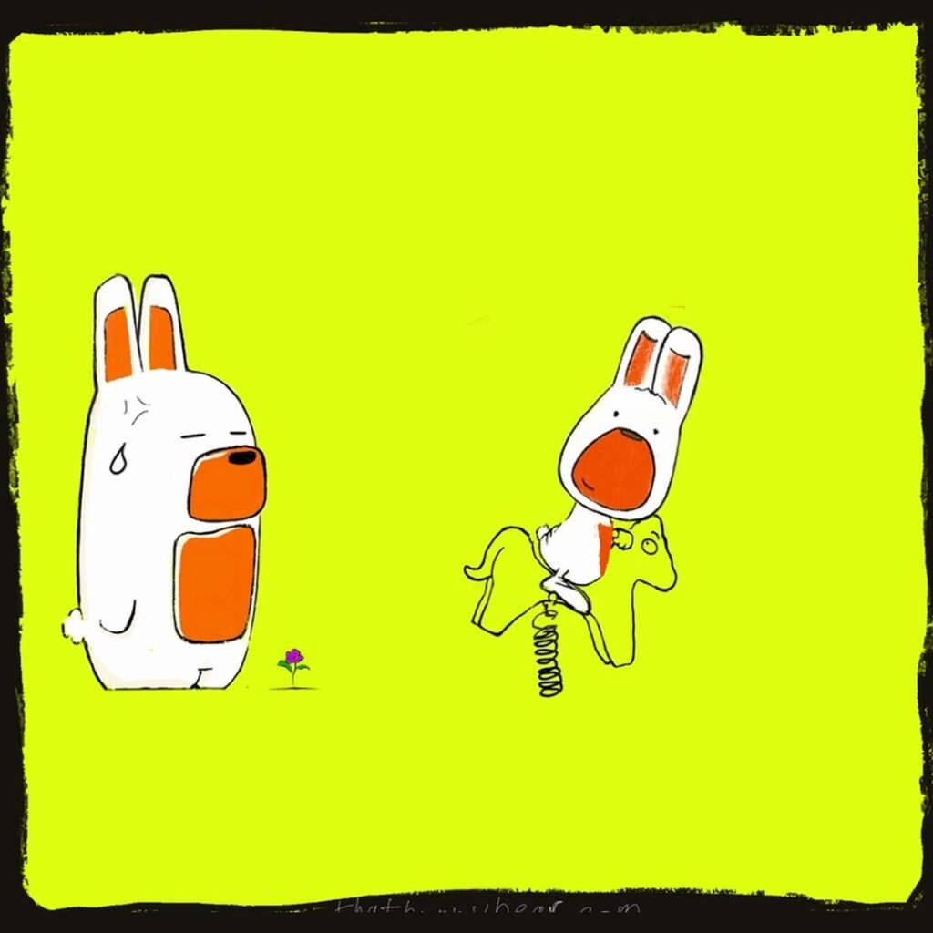 Hand-drawn comic: Kev the bunny bear stands eyes closed with a bead of sweat beside his purple flower while Charlie bounces on a yellow playground spring horse.