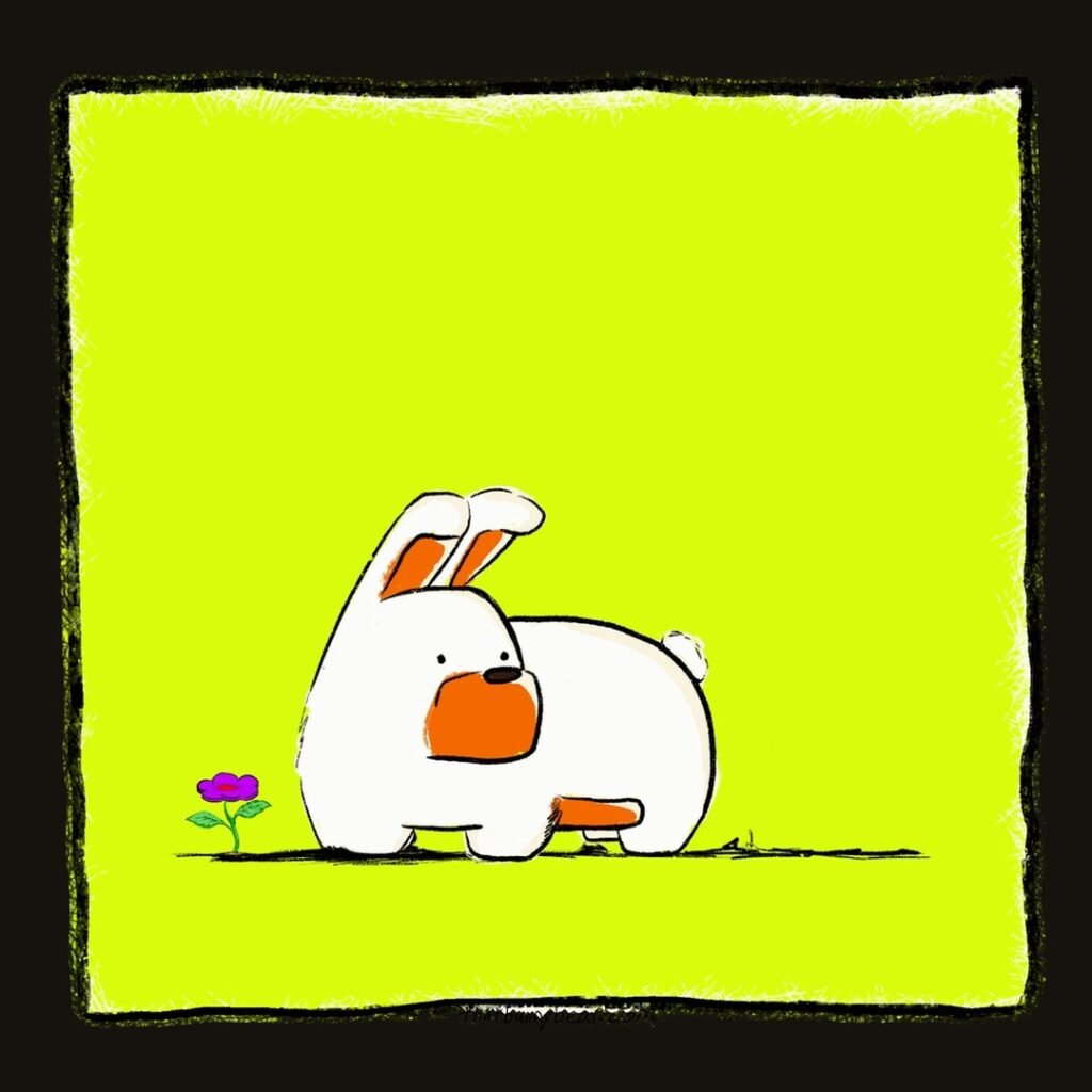 Hand-drawn comic of Kev, a white bunny bear with orange ears, lying back down on a bright chartreuse panel next to his small purple flower after checking a problem that was not his.